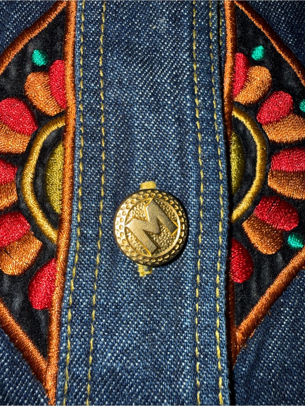 Bob Mackie Blue Large Embroidered Denim Shirt 90s Wearable Art Western Boho - Picture 6 of 9